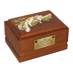 Maine Coon Cat Wooden Cremation Urn – Sleeping Cat Memorial Urn for Ashes, angled front view.