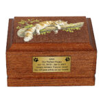 Front view of Maine Coon Cat Wooden Cremation Urn with sleeping cat artwork.
