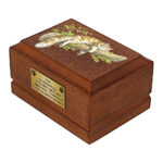 Maine Coon Cat Wooden Cremation Urn with Sleeping Cat Design, side perspective.