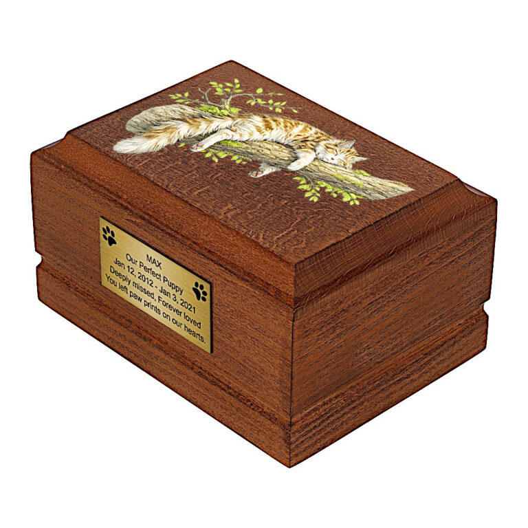 Maine Coon Cat Wooden Cremation Urn with Sleeping Cat Design, side perspective.