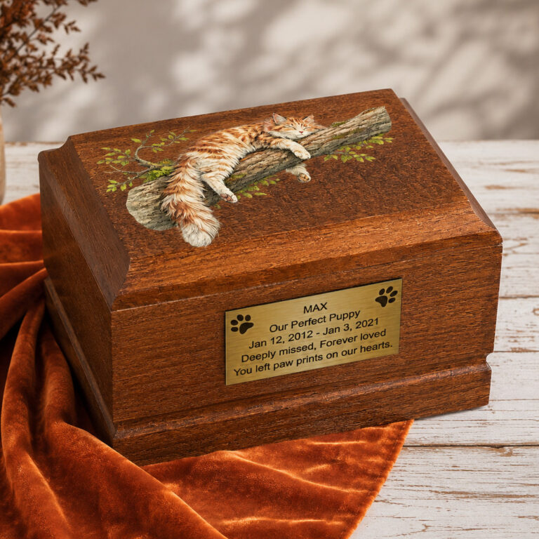 Maine Coon Cat Wooden Cremation Urn displayed in a warm memorial setting.
