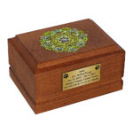 Wooden Pet Cremation Urn – Mandala Paw Print Memorial Urn for Ashes, angled front view.