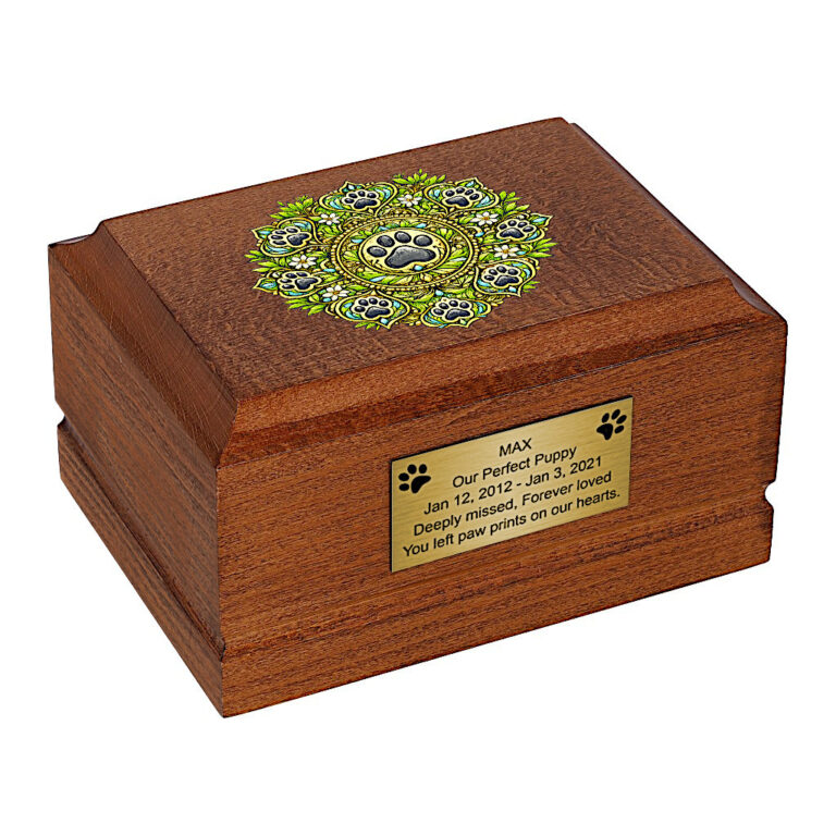 Wooden Pet Cremation Urn – Mandala Paw Print Memorial Urn for Ashes, angled front view.