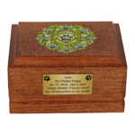 Front view of Wooden Pet Cremation Urn with Mandala Paw Print Design.