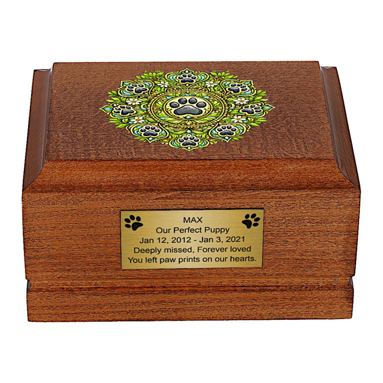 Front view of Wooden Pet Cremation Urn with Mandala Paw Print Design.