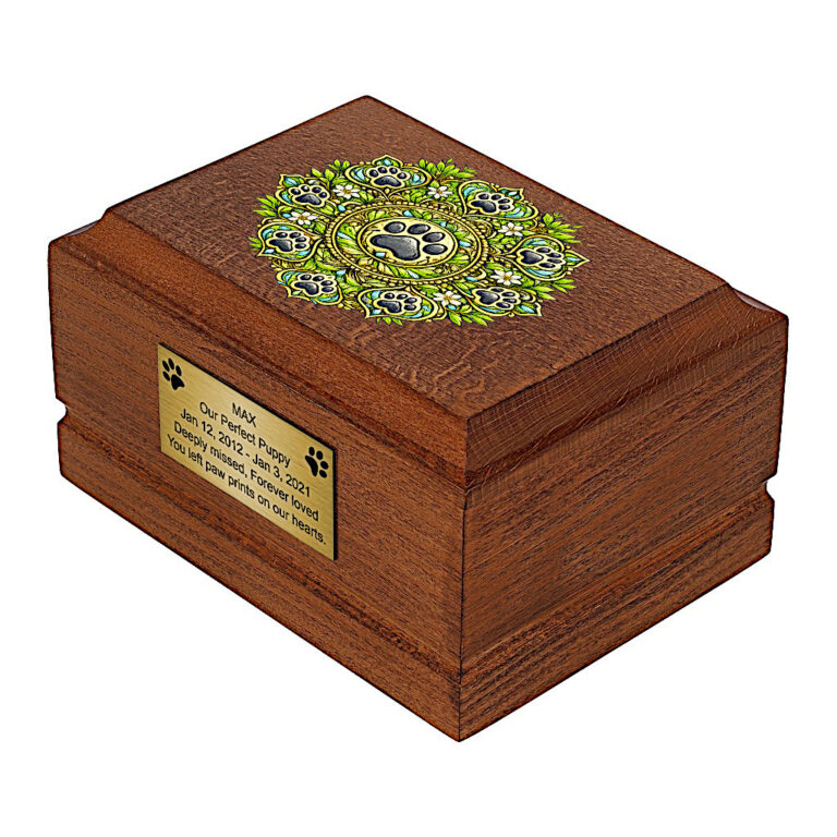 Wooden Pet Cremation Urn with colorful Mandala Paw Print artwork, side perspective.