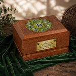 Wooden Pet Cremation Urn – Mandala Paw Print Memorial Urn displayed in an elegant memorial setting.