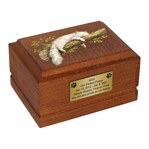 Sleeping Persian Cat Wooden Cremation Urn for Ashes, angled front view.
