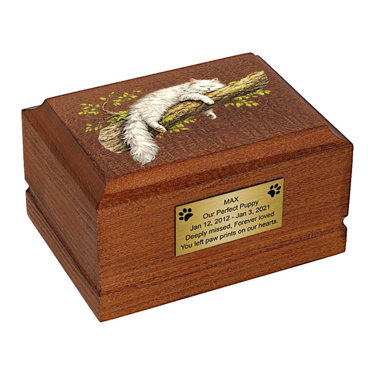 Sleeping Persian Cat Wooden Cremation Urn for Ashes, angled front view.