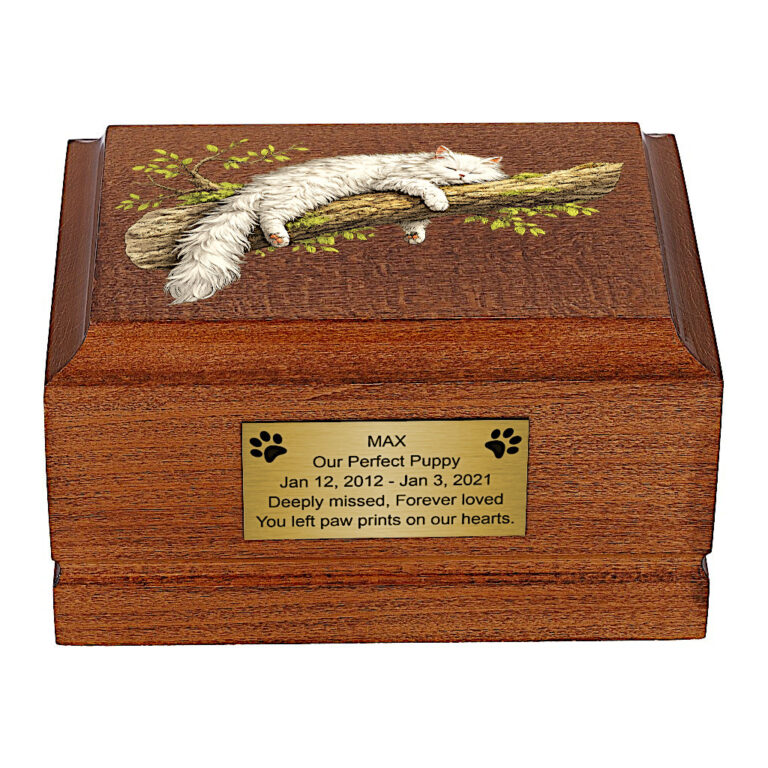 Front view of Persian Cat Wooden Cremation Urn with Sleeping Cat Design.