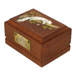 Persian Cat Wooden Memorial Urn for Ashes with sleeping cat artwork, side perspective.