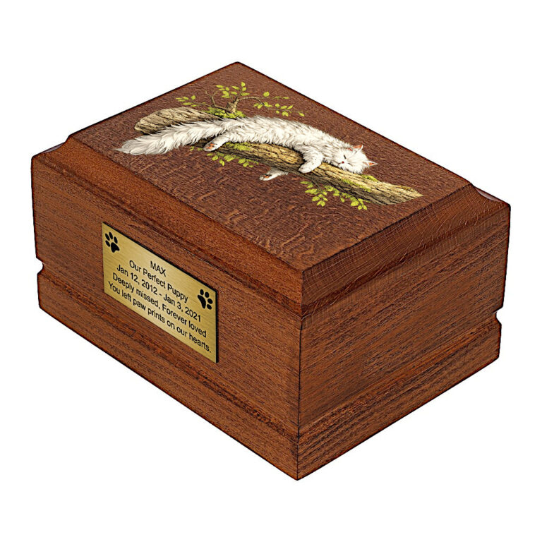 Persian Cat Wooden Memorial Urn for Ashes with sleeping cat artwork, side perspective.