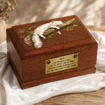 Sleeping Persian Cat Wooden Cremation Urn displayed in an elegant memorial setting.