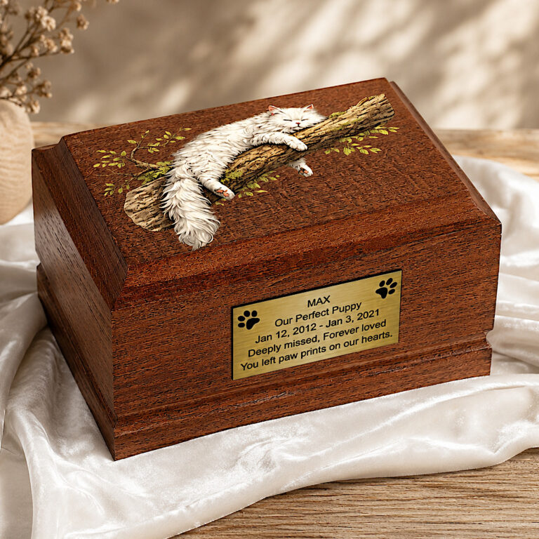 Sleeping Persian Cat Wooden Cremation Urn displayed in an elegant memorial setting.