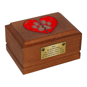 Wooden Dog Cremation Urn with Broken Red Heart and Paw Print Design, angled front view.