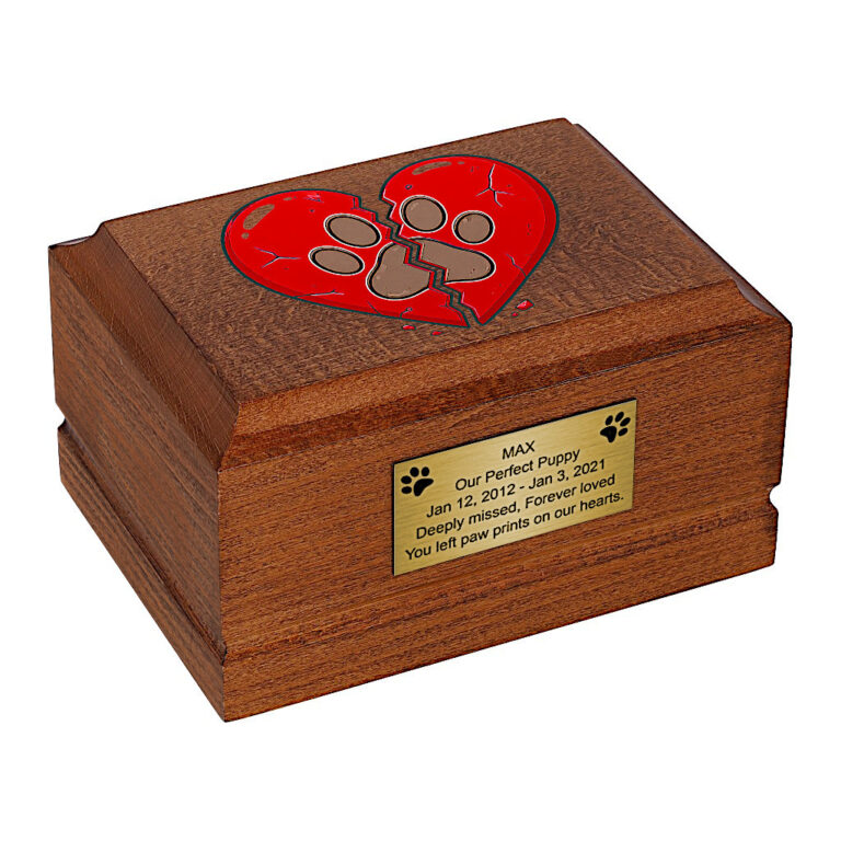 Wooden Dog Cremation Urn with Broken Red Heart and Paw Print Design, angled front view.
