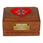 Front view of Wooden Dog Cremation Urn with Broken Heart Paw Print Memorial Design.