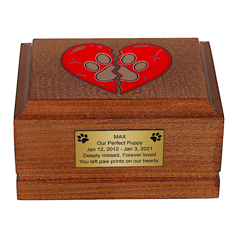 Front view of Wooden Dog Cremation Urn with Broken Heart Paw Print Memorial Design.