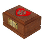 Wooden Dog Memorial Urn for Ashes with broken red heart and paw print, side perspective.
