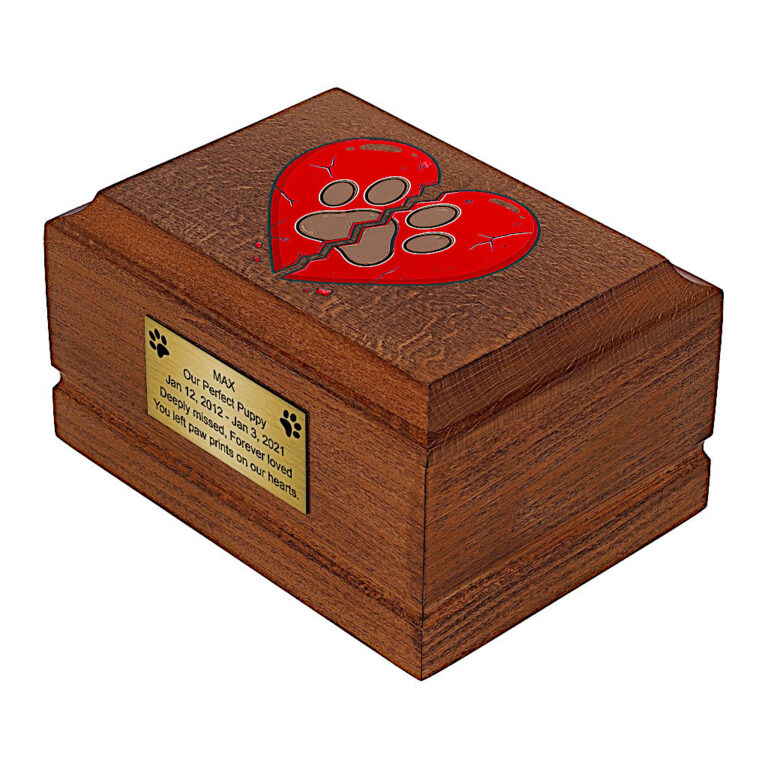 Wooden Dog Memorial Urn for Ashes with broken red heart and paw print, side perspective.