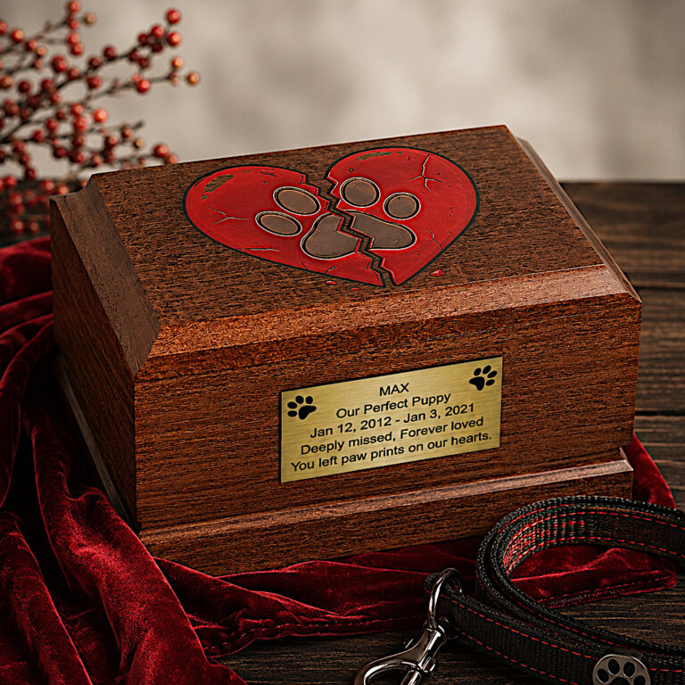Wooden Dog Cremation Urn with Broken Red Heart Paw Print displayed in an elegant memorial setting.