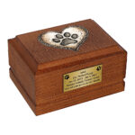 Wooden Dog Cremation Urn – Rustic Heart with Paw Print Memorial Pet Casket, angled front view.