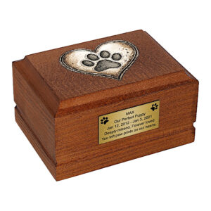 Wooden Dog Cremation Urn – Rustic Heart with Paw Print Memorial Pet Casket, angled front view.