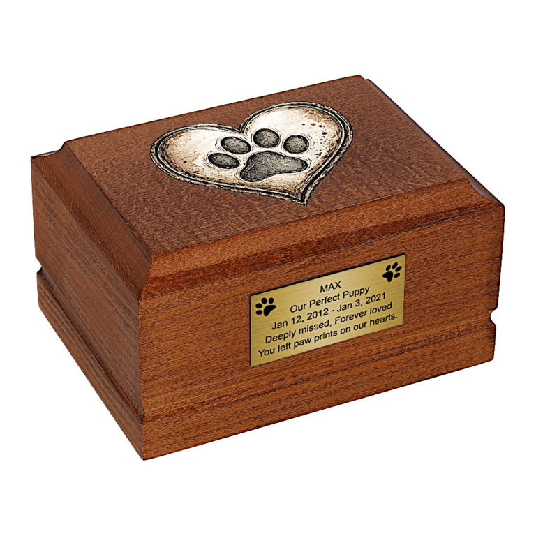 Wooden Dog Cremation Urn – Rustic Heart with Paw Print Memorial Pet Casket, angled front view.