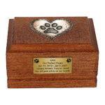 Front view of Wooden Dog Cremation Urn with Rustic Heart and Paw Print Design.