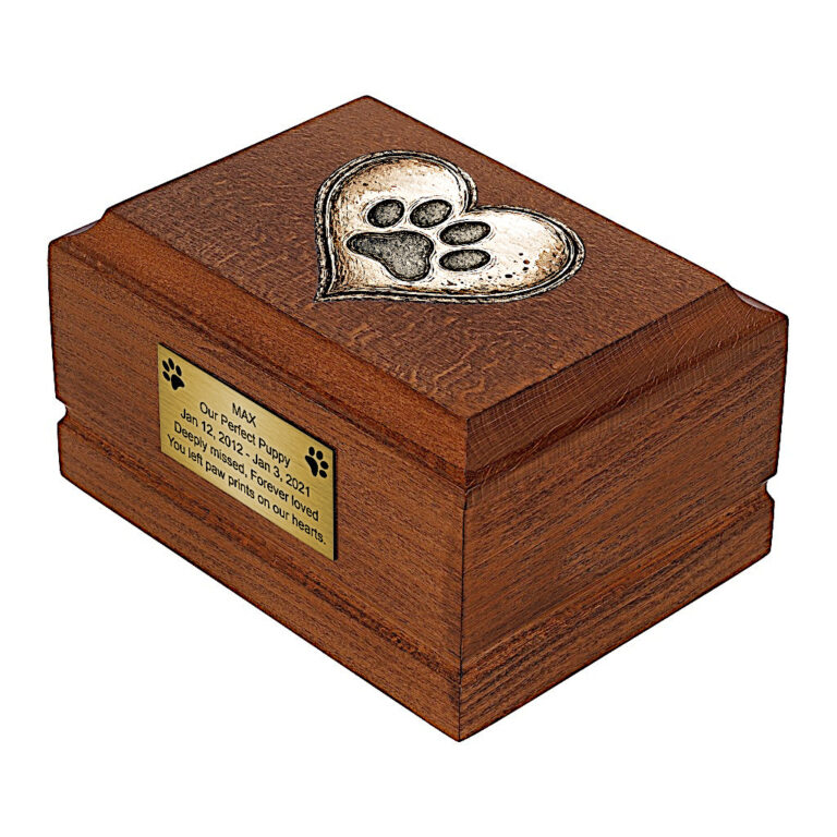 Wooden Dog Memorial Urn for Ashes with rustic heart and paw print, side perspective.