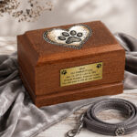 Wooden Dog Cremation Urn with Rustic Heart Paw Print displayed in an elegant memorial setting.
