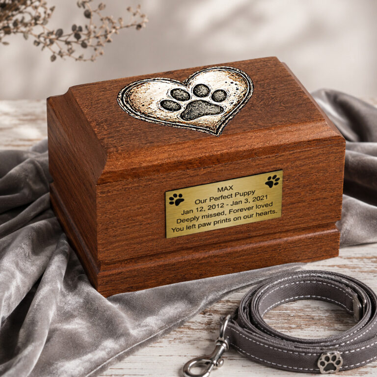 Wooden Dog Cremation Urn with Rustic Heart Paw Print displayed in an elegant memorial setting.