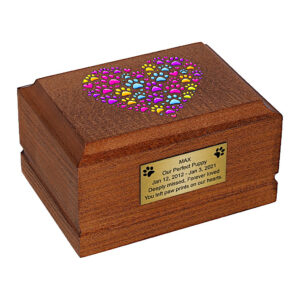 Colorful Paw Print Heart Wooden Pet Cremation Urn for Ashes, angled front view.