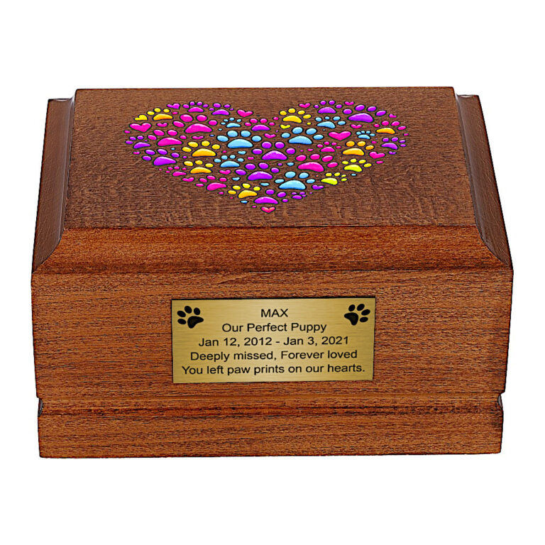 Front view of Wooden Pet Cremation Urn with Colorful Paw Print Heart Design.