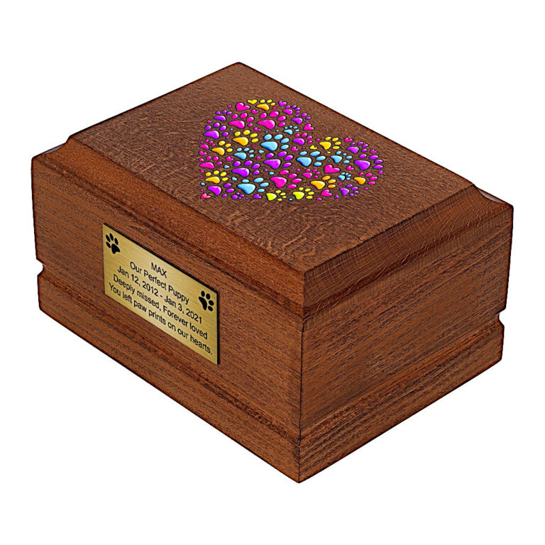 Wooden Pet Cremation Urn with colorful heart of paw prints, side perspective.