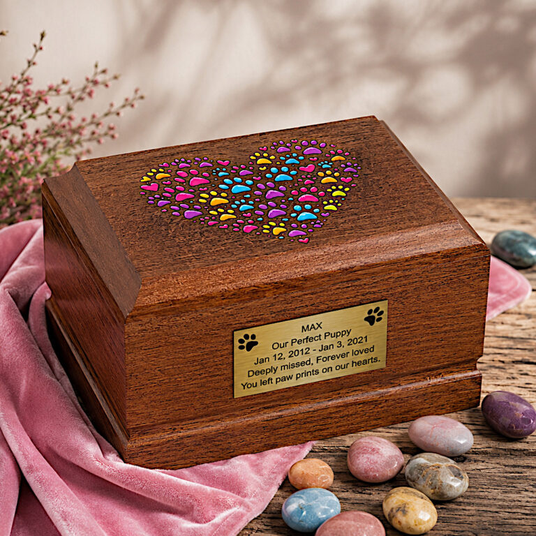 Wooden Pet Cremation Urn – Colorful Paw Print Heart Memorial Urn displayed in an elegant memorial setting.