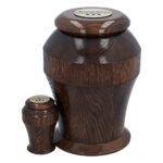 Premium dark brown solid oak wooden cremation urn for adult human ashes with matching keepsake urn