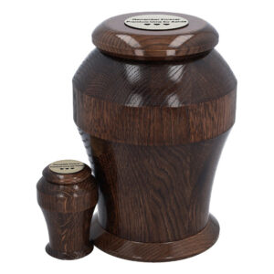 Premium dark brown solid oak wooden cremation urn for adult human ashes with matching keepsake urn