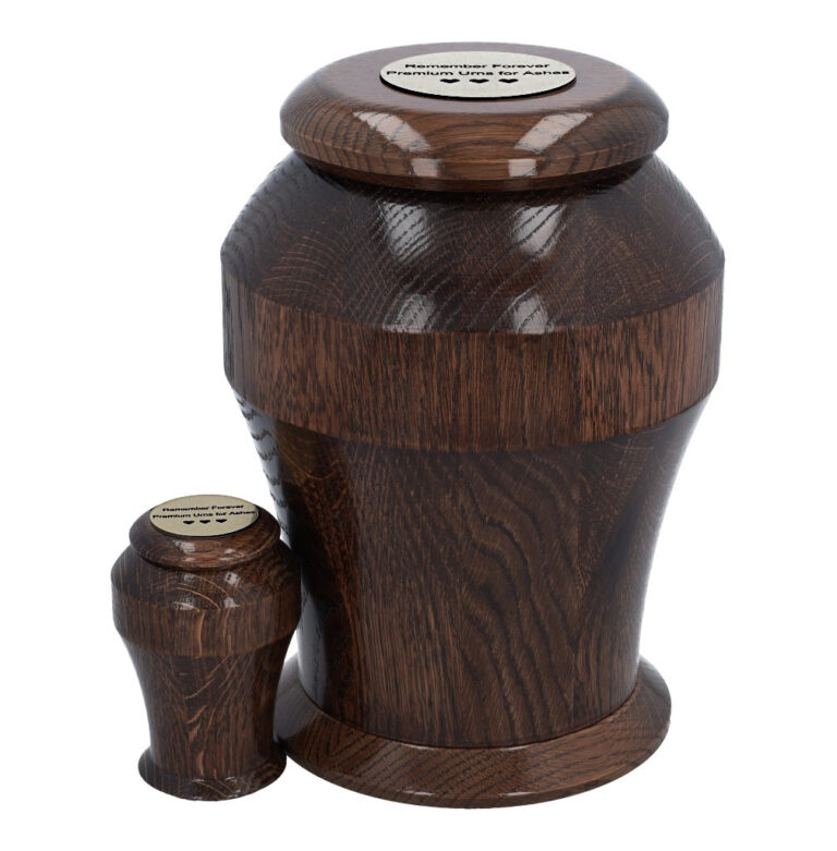 Premium dark brown solid oak wooden cremation urn for adult human ashes with matching keepsake urn