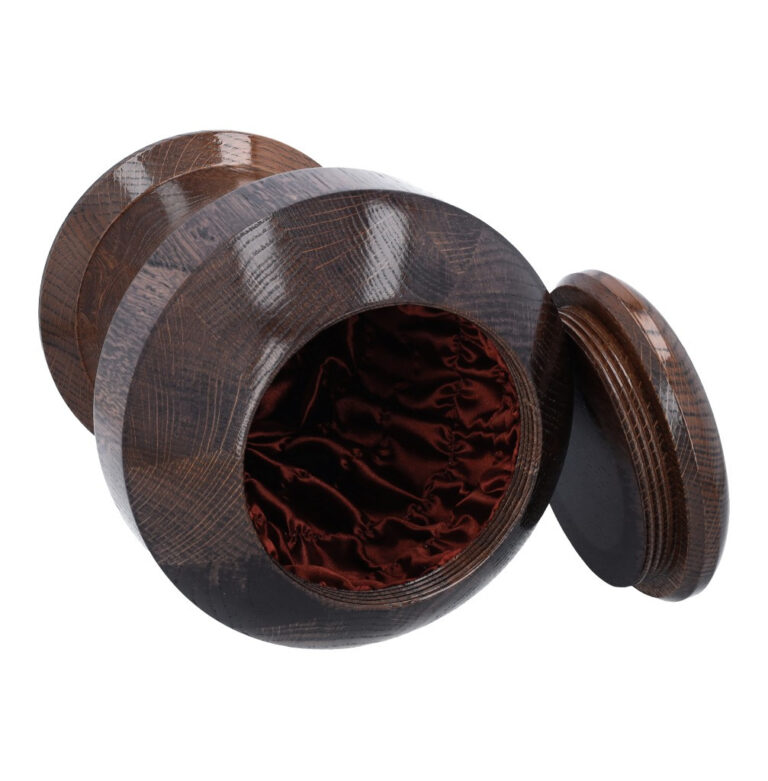 Interior of premium oak cremation urn with soft fabric lining