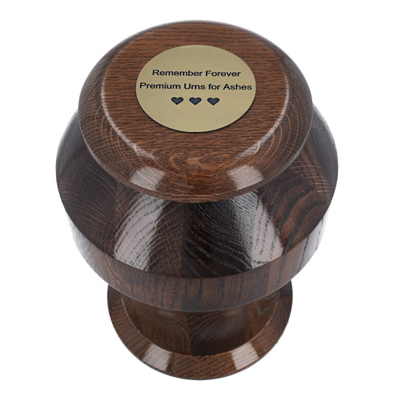 Top view of premium dark brown solid oak cremation urn