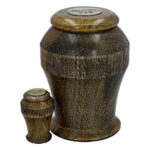 Premium gold solid oak wooden cremation urn for adult human ashes with matching keepsake urn.