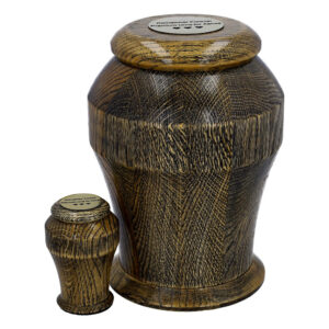 Premium gold solid oak wooden cremation urn for adult human ashes with matching keepsake urn.