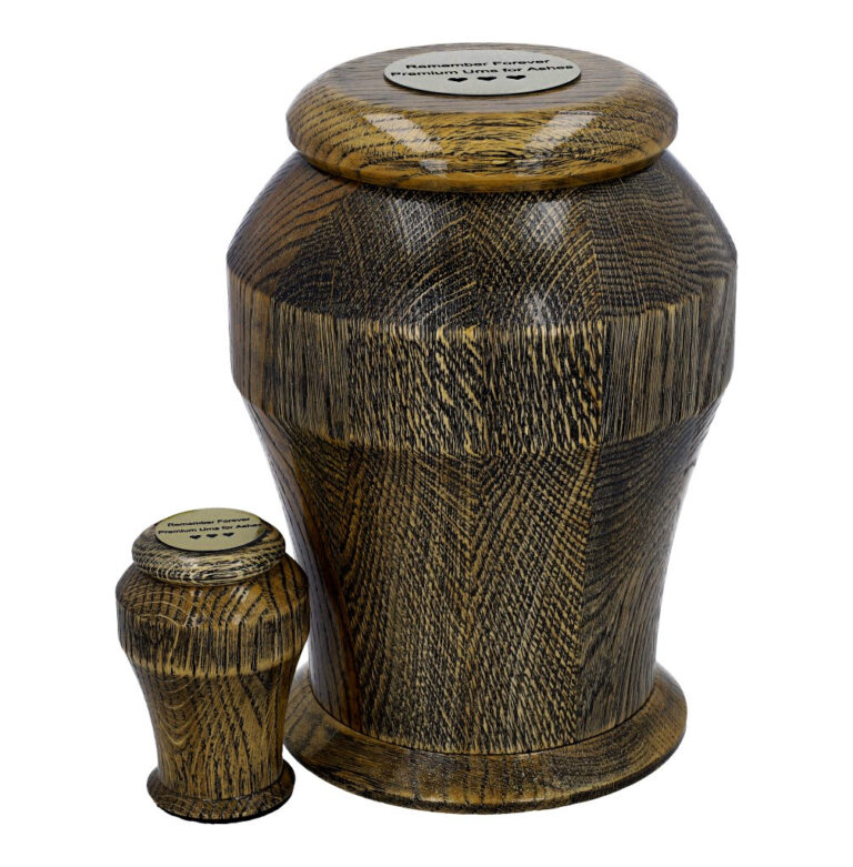 Premium gold solid oak wooden cremation urn for adult human ashes with matching keepsake urn.