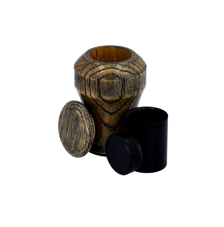 Gold oak keepsake urn with removable metal insert for ashes.