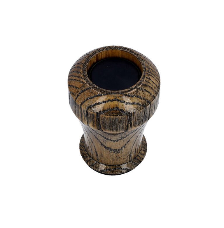 Top opening of wooden keepsake urn with metal ash container.