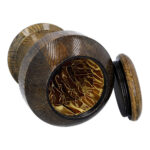 Interior of premium gold oak cremation urn with soft fabric lining.
