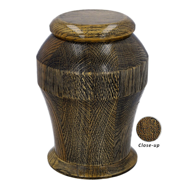 Close-up of premium golden oak wood grain cremation urn.