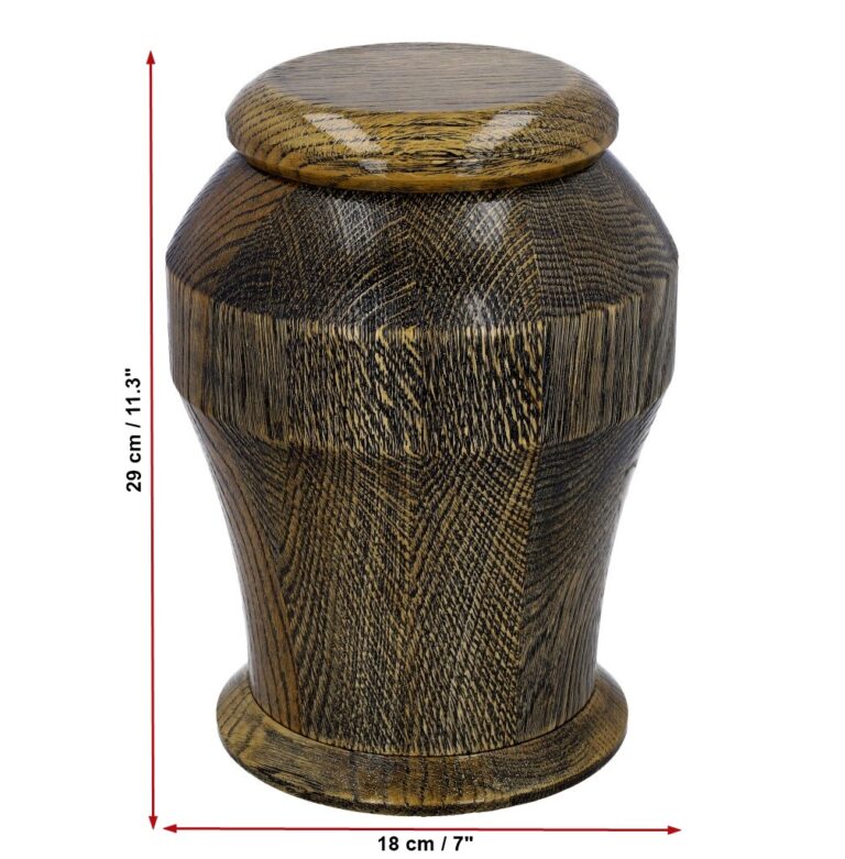 Premium solid oak cremation urn dimensions 29 cm x 18 cm.