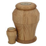Premium solid oak wooden urn for human ashes with matching keepsake urn displayed together.